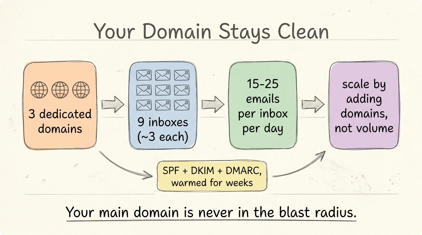 Diagram: 3 dedicated domains, 9 inboxes (~3 each), 15-25 emails per inbox per day, scale by adding domains not volume — with SPF, DKIM, DMARC warmed for weeks. Your main domain is never in the blast radius.