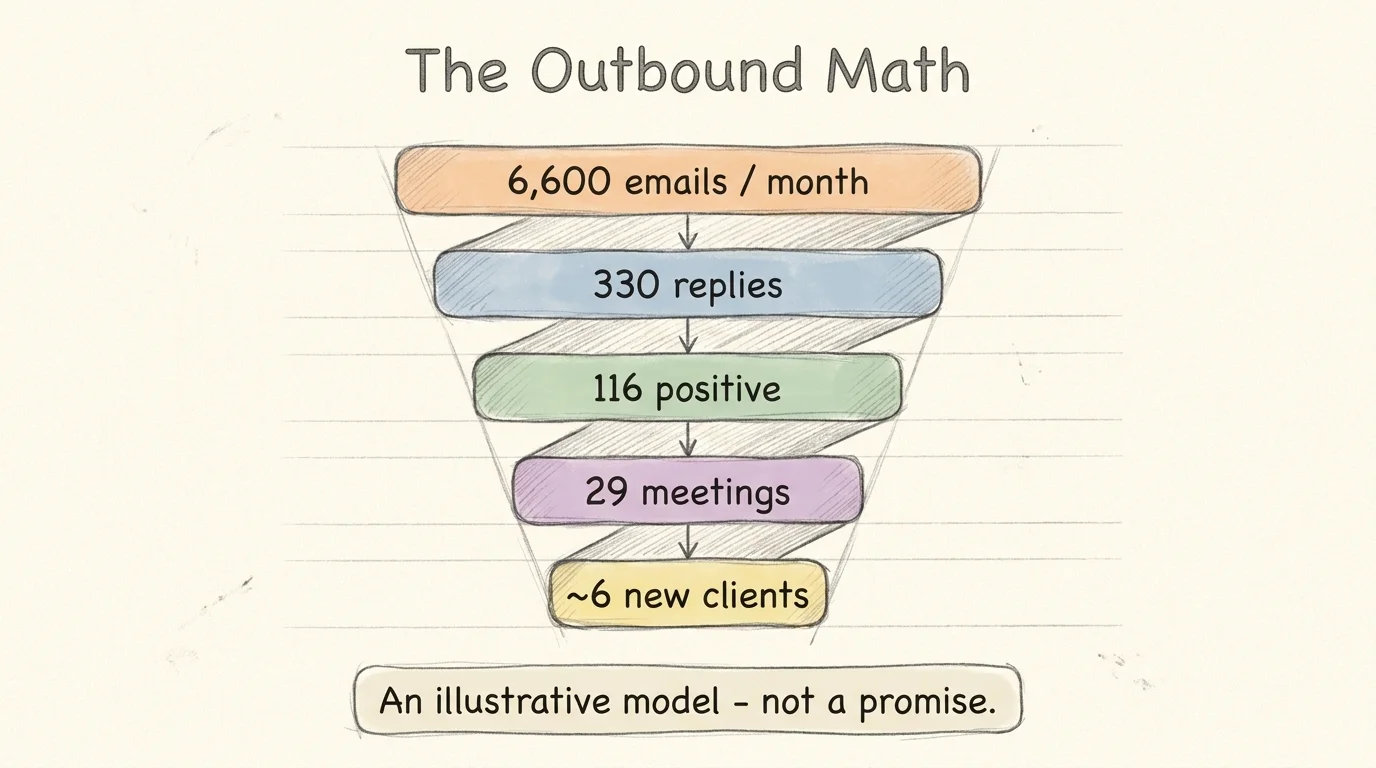 Funnel diagram: 6,600 emails per month, 330 replies, 116 positive, 29 meetings, ~6 new clients. An illustrative model, not a promise.