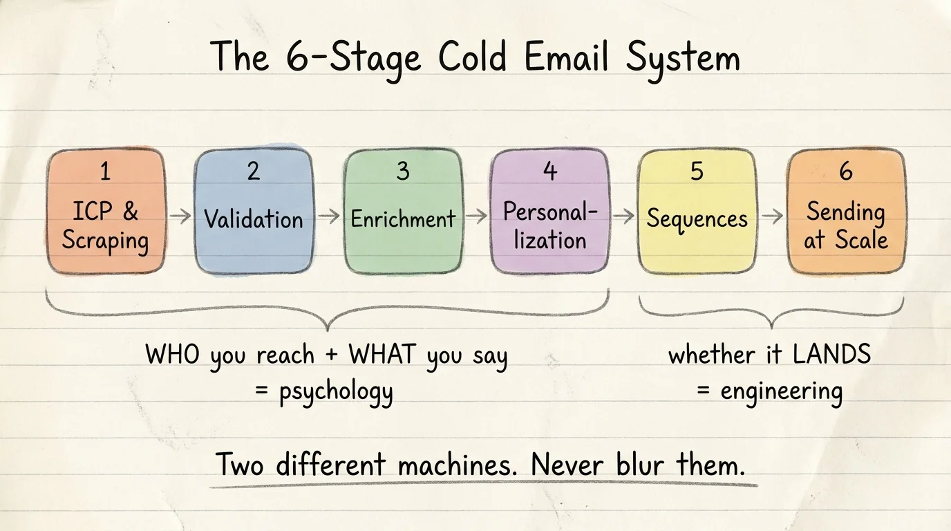 Diagram: the 6-stage cold email system — ICP & scraping, validation, enrichment, personalization (the psychology half) then sequences and sending at scale (the engineering half).