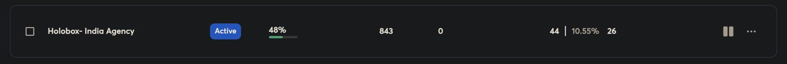 Instantly dashboard: 843 emails sent, 44 replies, 10.55% reply rate, 26 partner conversations opened